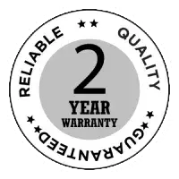 Circular logo with '2 Year Warranty' text and 'Reliable Quality Guaranteed' around it.