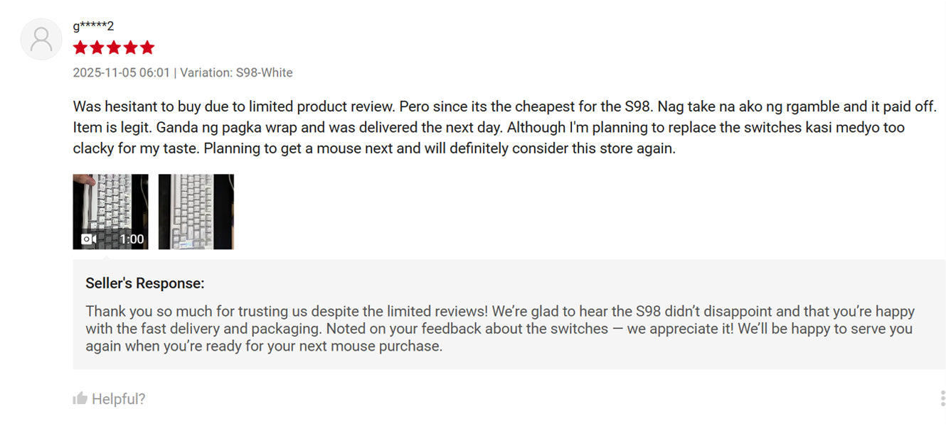 Product review with seller response on a white background