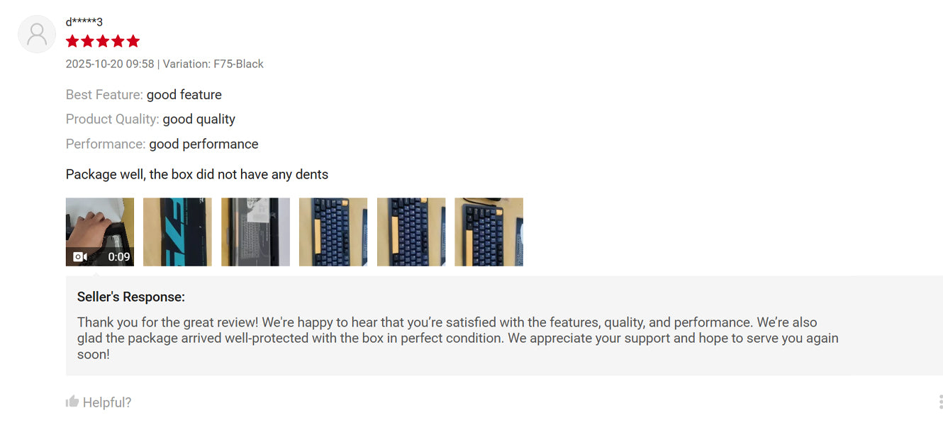 Product review with star rating, text, and images on a white background