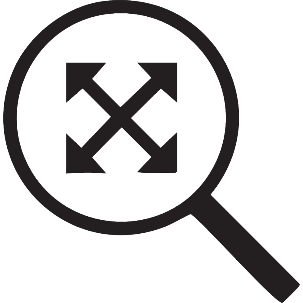 Magnifying glass icon with crossed arrows inside on a white background