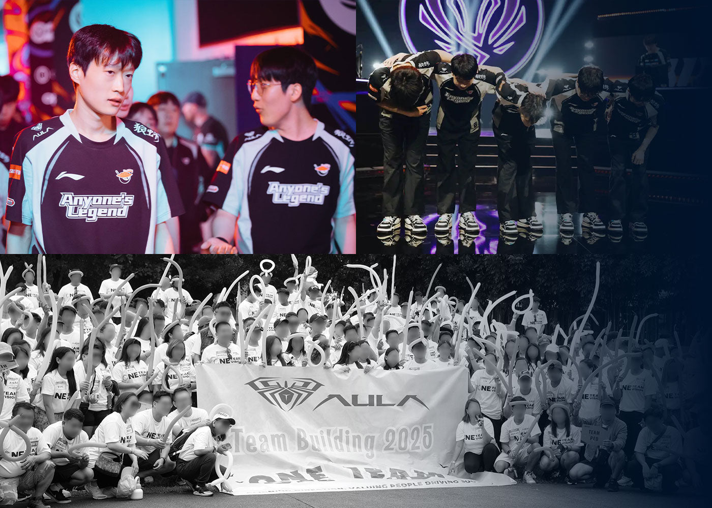 AULA Company and Community Collage showing the AULA-sponsored esports team, Anyone's Legend, alongside a large group photo from the AULA Team Building 2025 event.