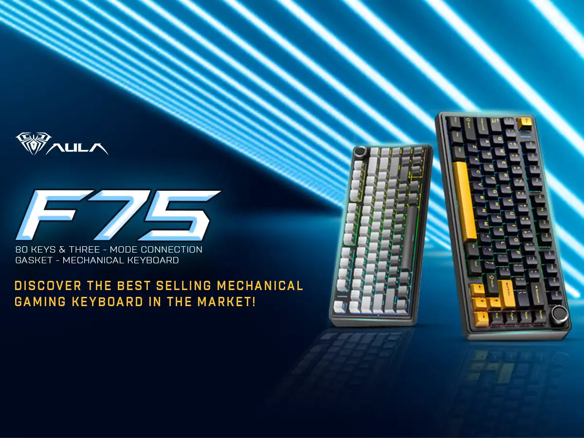 Mechanical gaming keyboard with AULA branding on a blue background