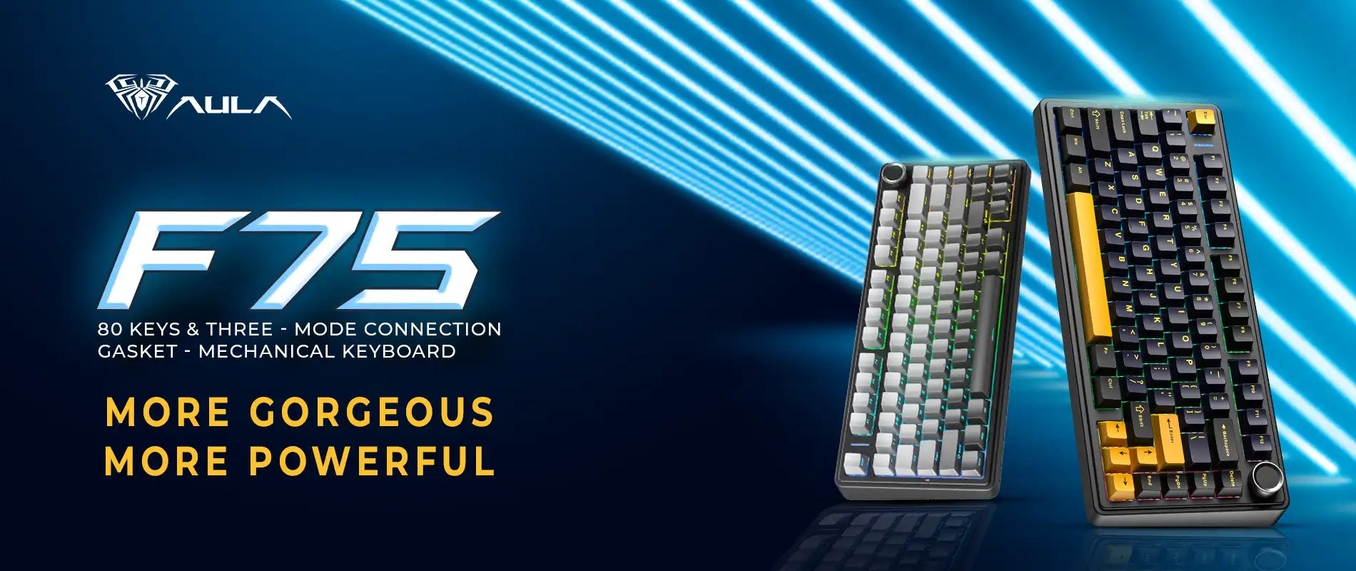 Mechanical keyboard with AULA branding and 'F75' model details on a blue and black background.