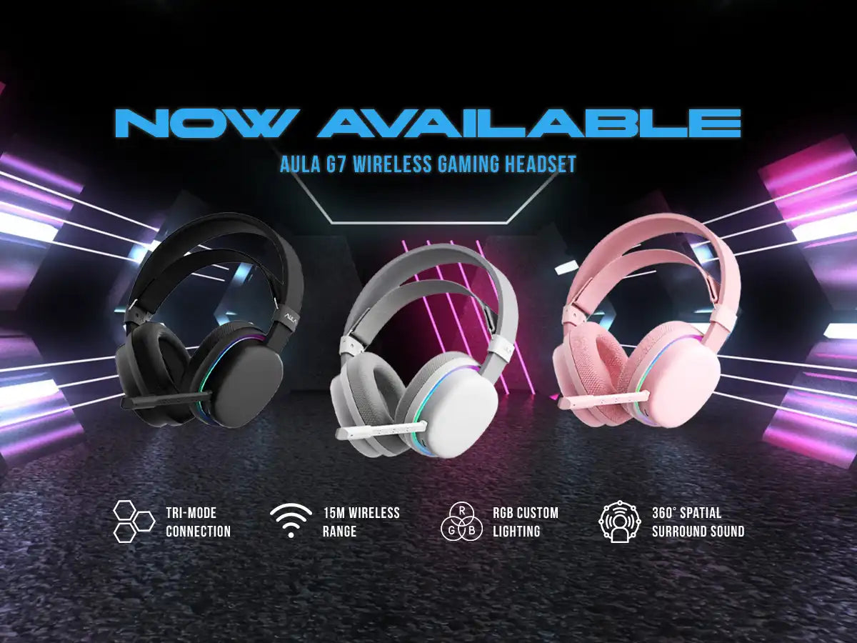 Three wireless gaming headsets with features listed on a dark background