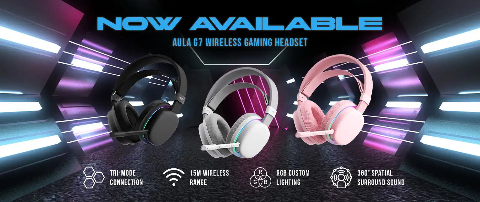 Aula G7 wireless gaming headset with features highlighted on a dark background with colorful lights.