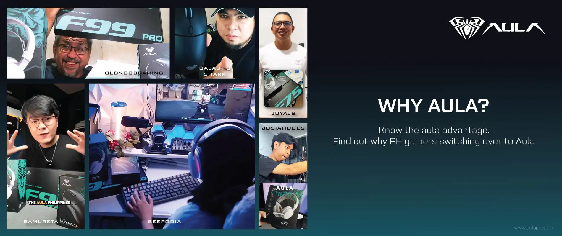 Promotional graphic for Aula with images of people using laptops and text about the brand's advantage.