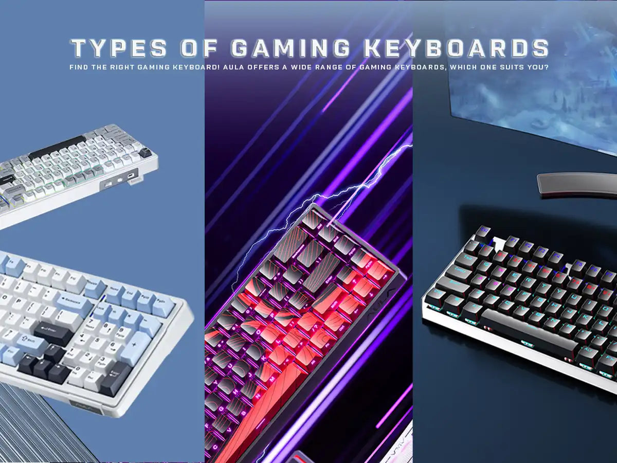 Gaming keyboards displayed with text about types of gaming keyboards on a blue and purple gradient background.