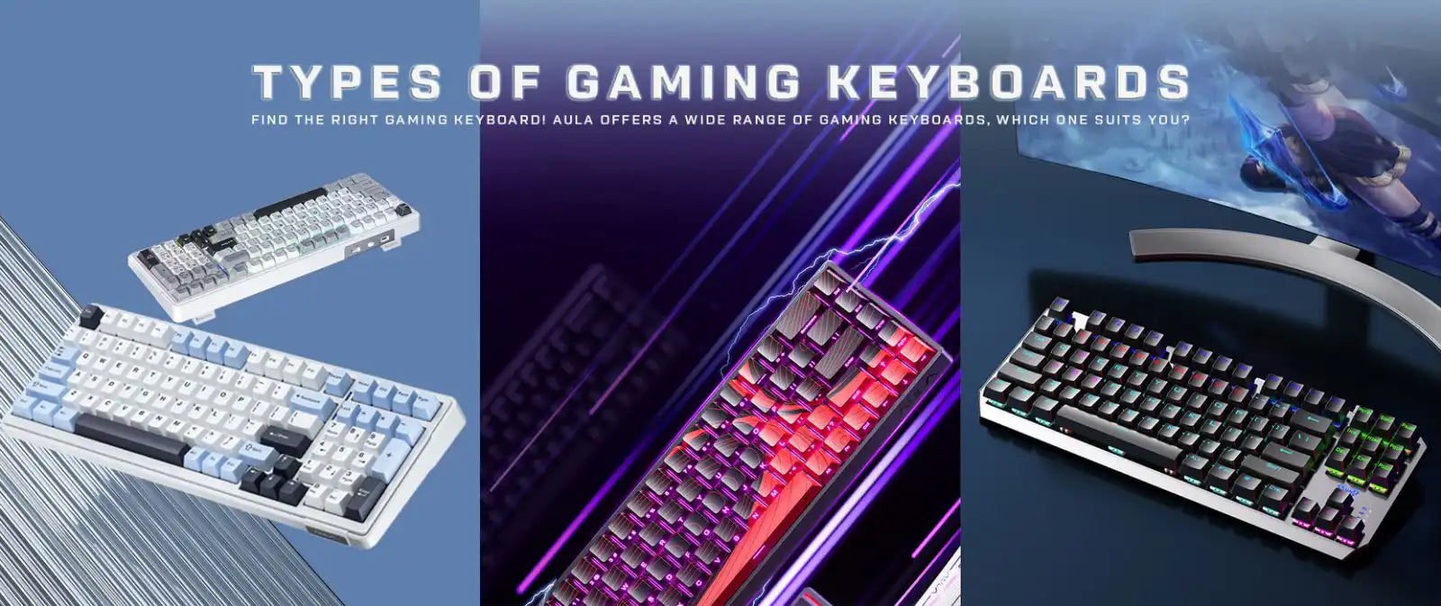 Various types of gaming keyboards displayed with a promotional text about different keyboard options.