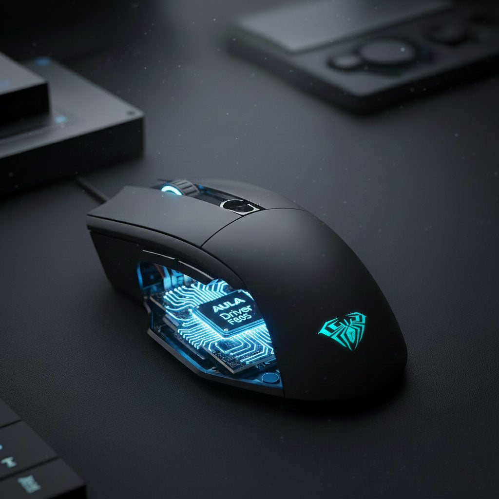 Gaming mouse with illuminated design on a dark surface