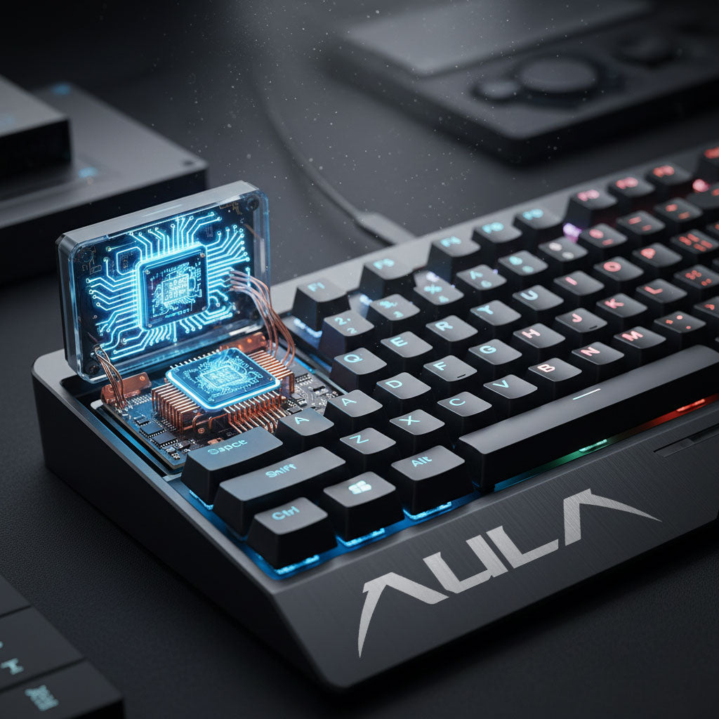 Keyboard with a transparent cover displaying electronic components on a dark background