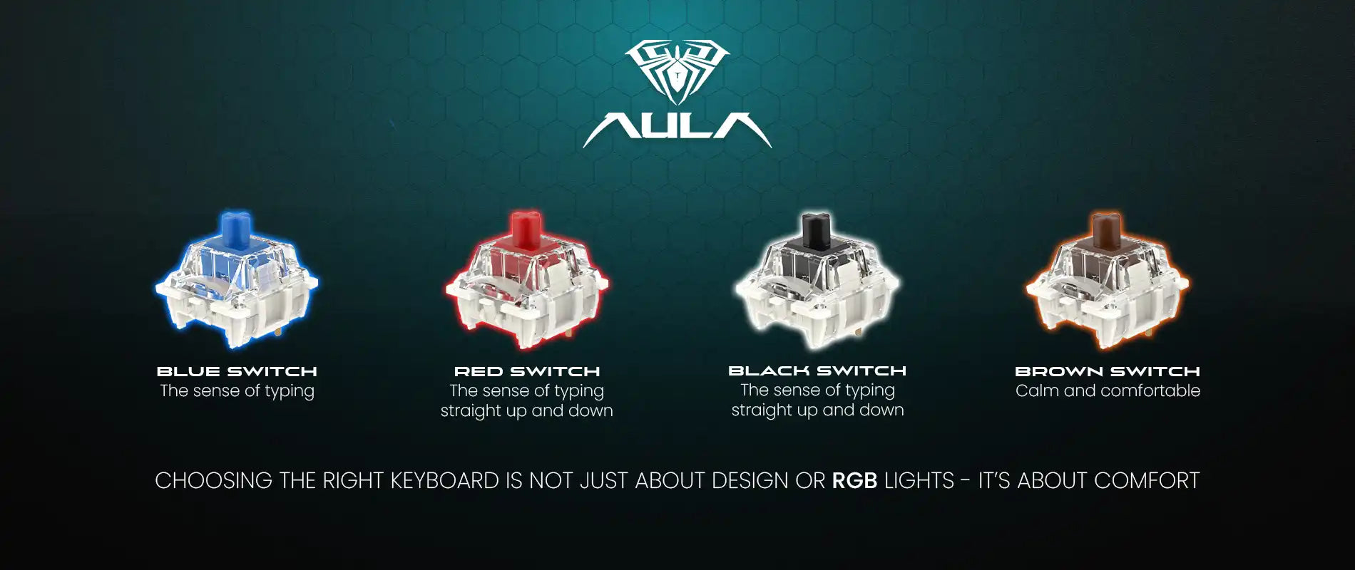 Four different keyboard switches with AULA branding on a dark background