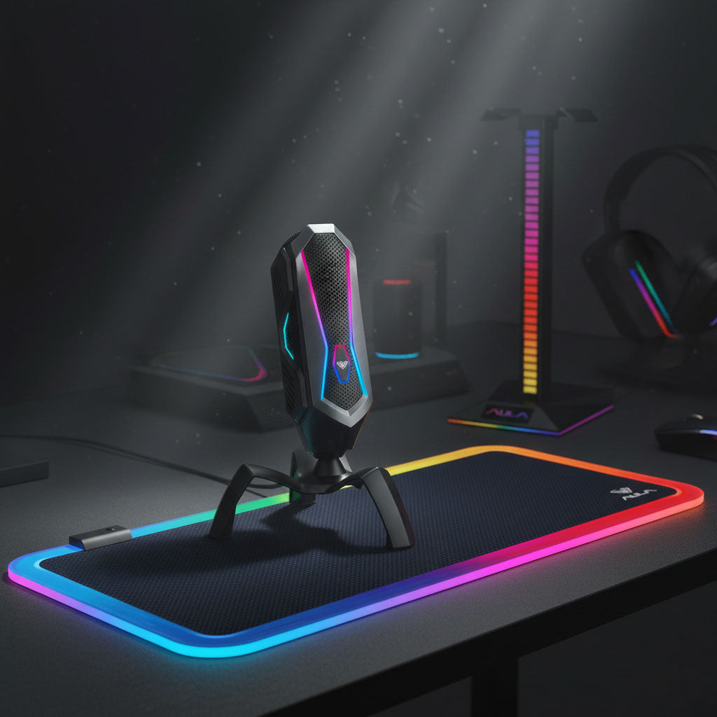 A black desktop streaming microphone with multi-colored accents, centered on a large gaming mousepad with bright, rainbow-colored RGB perimeter lighting, with a headset stand in the background.